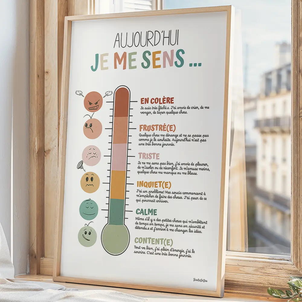 Dessin d'un thermomètre au couleurs boho dont chaque graduation, accompagné d'un smiley correspondant représente un degré d'émotion