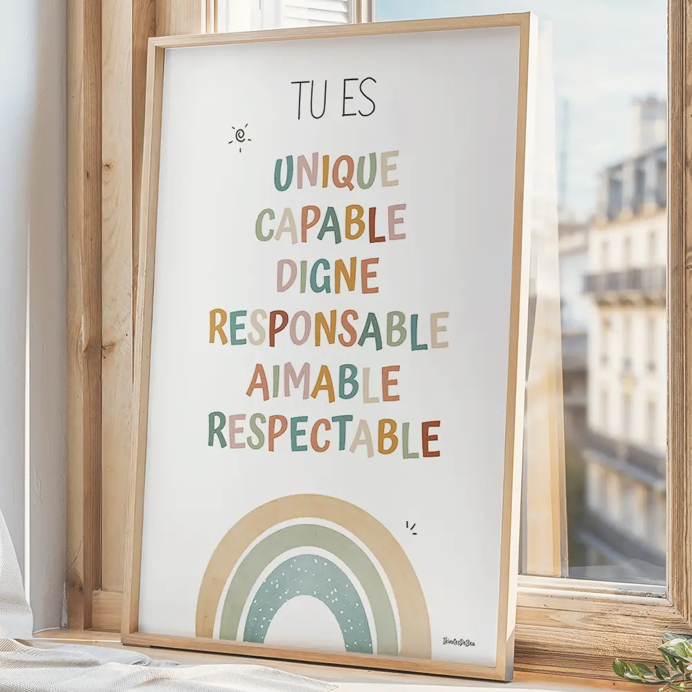 Affiche composé de texte coloré aux couleurs boho qui énumère des affirmations positive pour enfants
