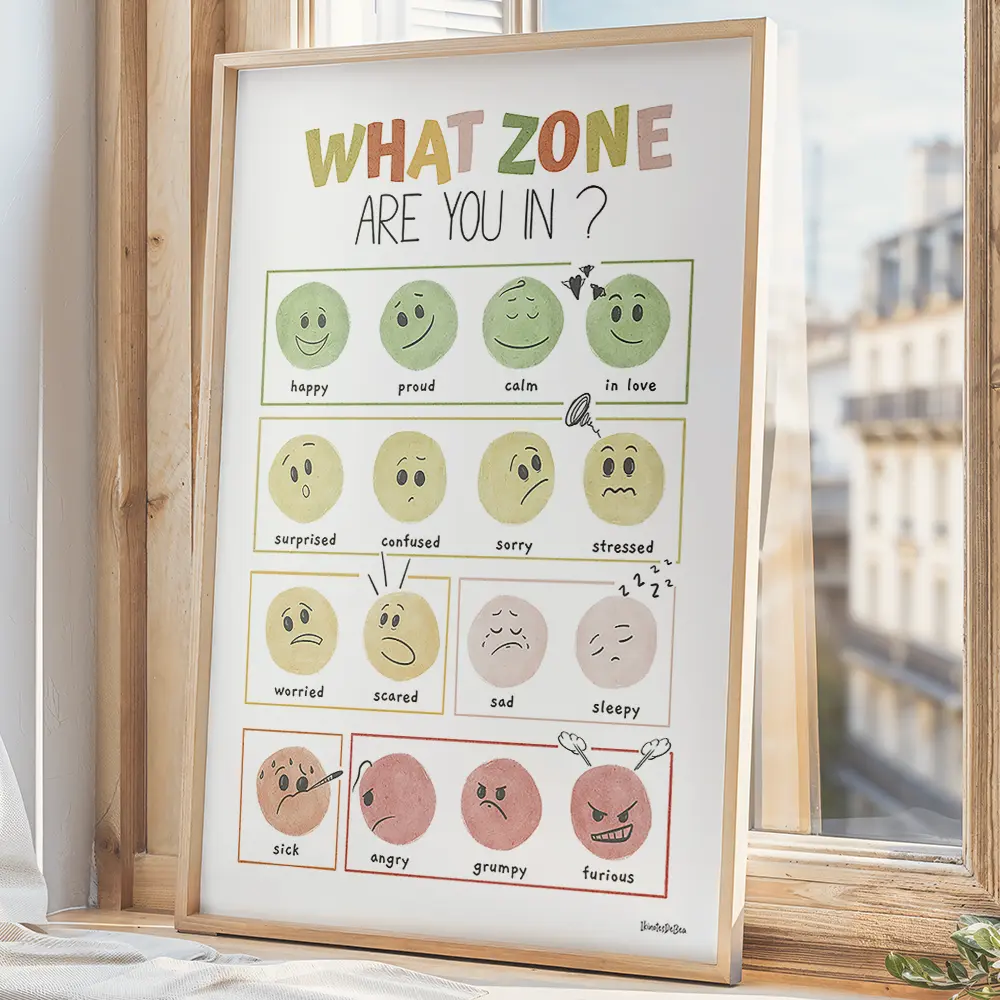 Dessin de 16 smileys colorés exprimant différentes émotions