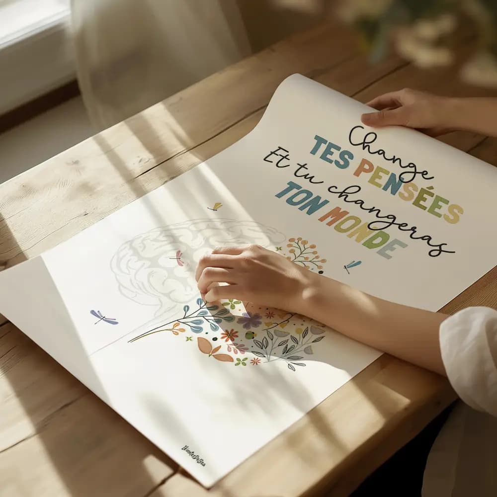 Belle illustration de cerveau floral, ornée de fleurs éclatantes et délicates, avec des libellules gracieuses posées dessus et autour. Le message "Change tes pensées et tu changeras ton monde" inspire à voir la beauté et le potentiel de transformation en chacun de nous.