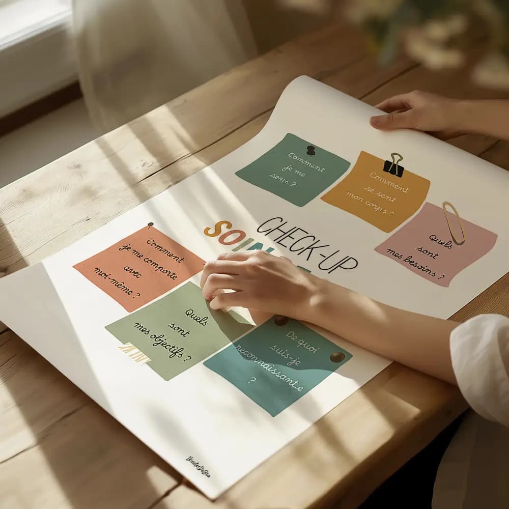 Dessin de six post-it aux couleurs boho contenant chacun une question de santé mentale