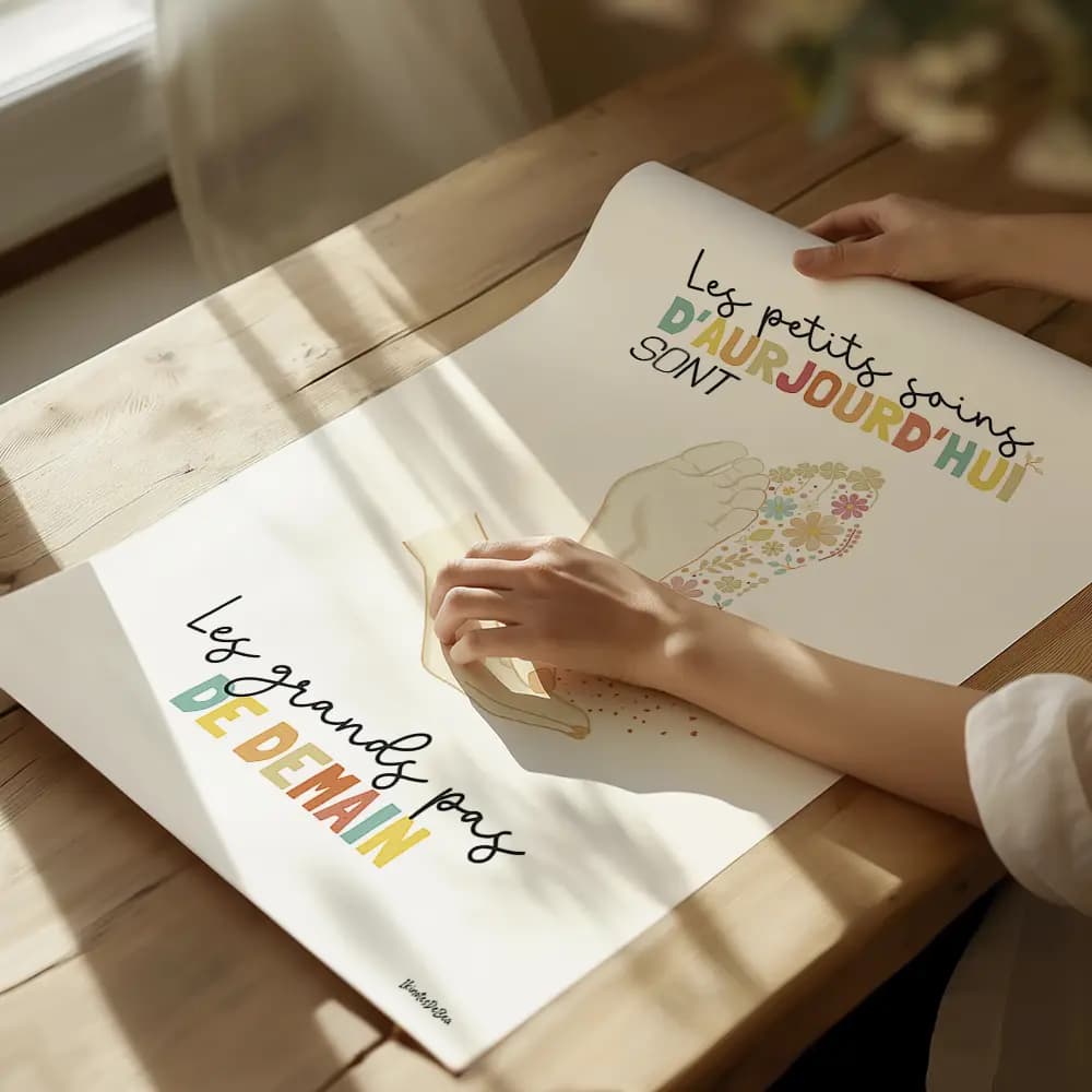 Dessin de pied dont l'un est en fleurs soutenus par une main illustrant le soin du podologue