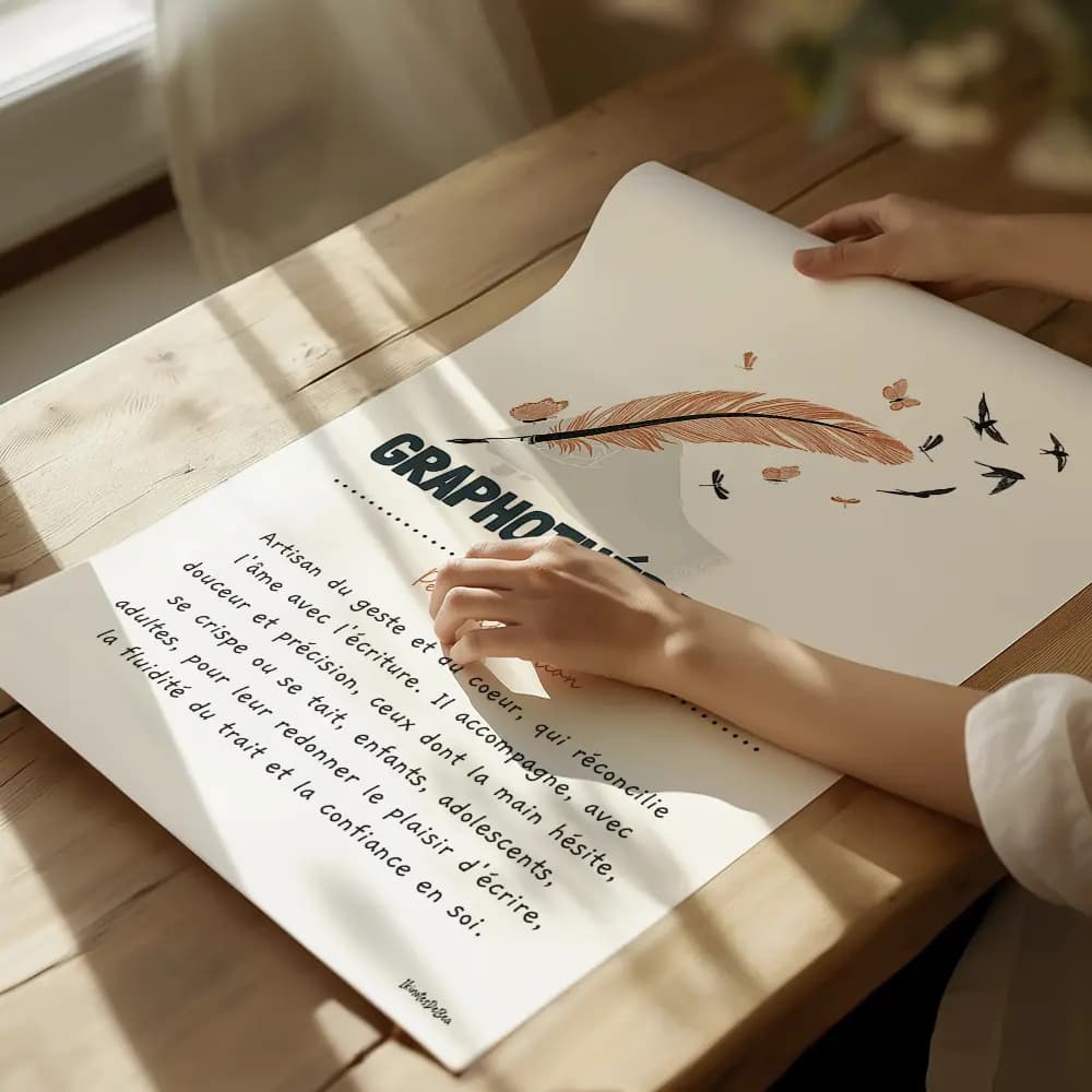 Dessin d'une main en noir et blanc qui tient une plume en couleur qui se termine en envolée d'oiseau pour graphothérapeute