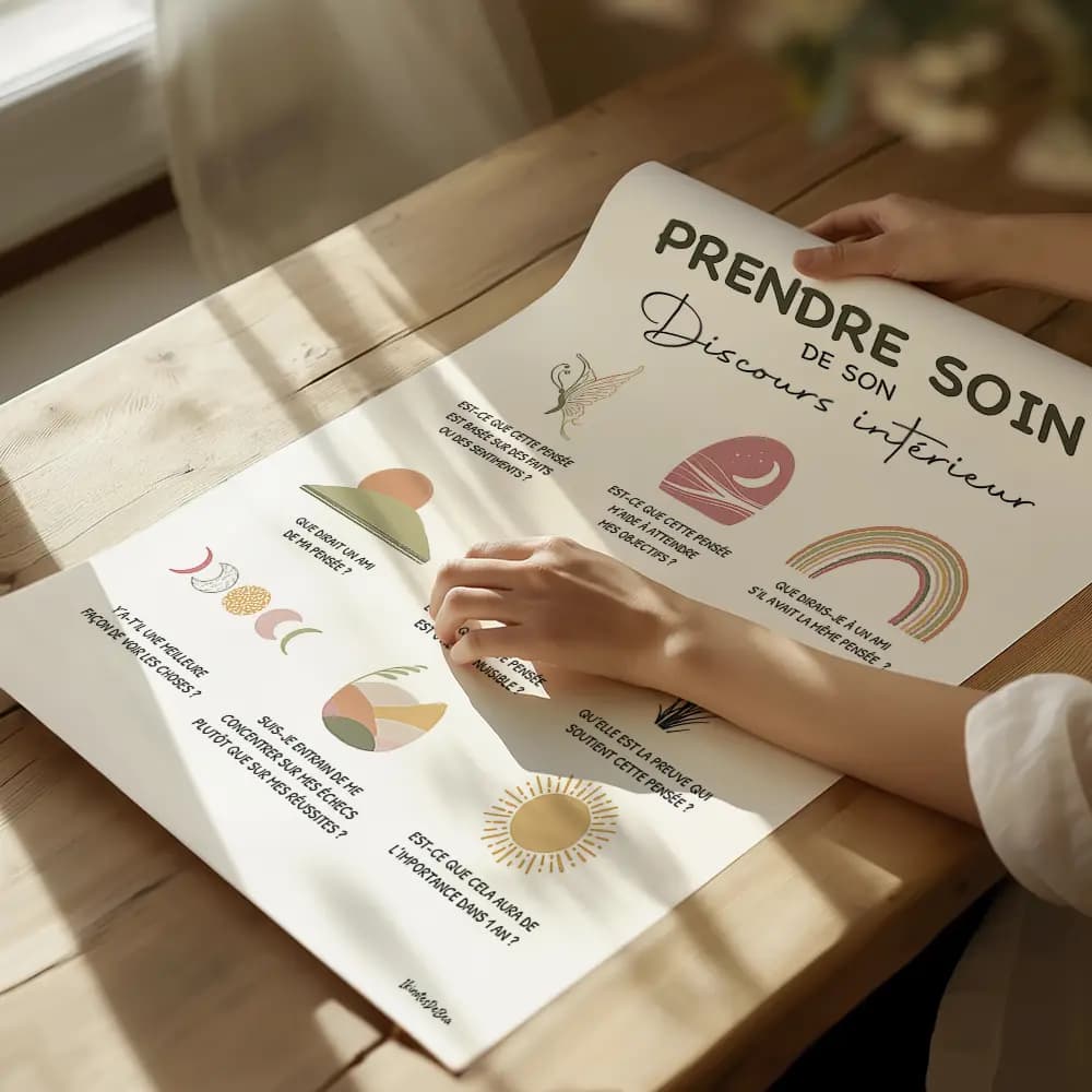 Affiche composée de neuf dessins abstraits aux couleurs sunshine chacun est accompagnée d'un message pour prendre soin de son discours intérieur