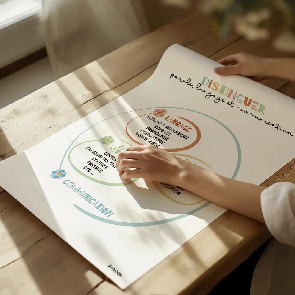 Schéma de la communication divisé en trois aspects : Langage, Parole, et Non-verbal
