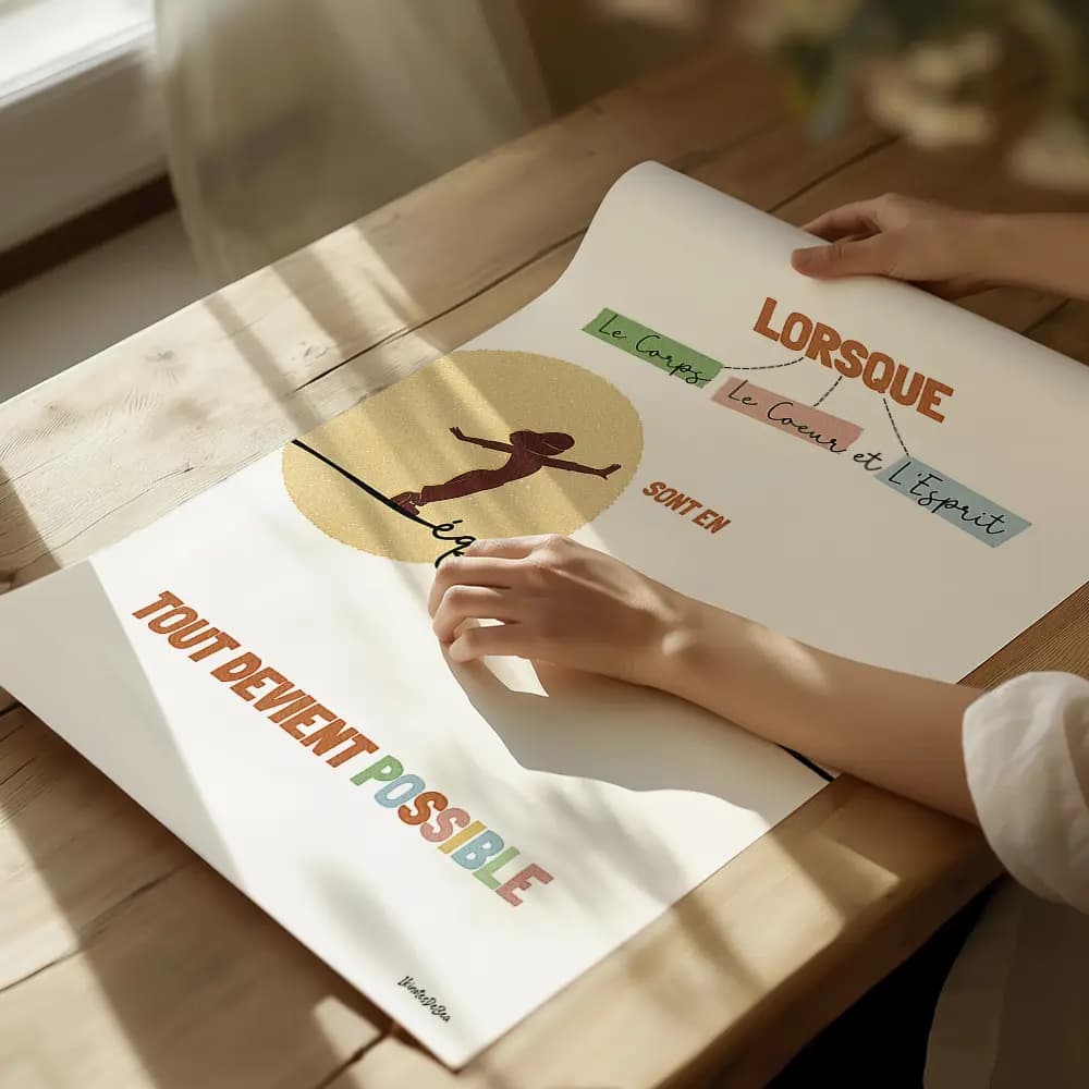 Dessin d'une silhouette de femme marchant sur un fil qui écrit le mot équilibre