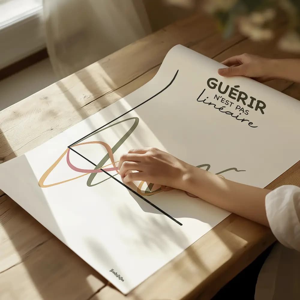 Dessin de plusieurs courbes irrégulières aux couleurs sunshine dans un graph avec en légende le message "Guérir n'est pas linéaire"