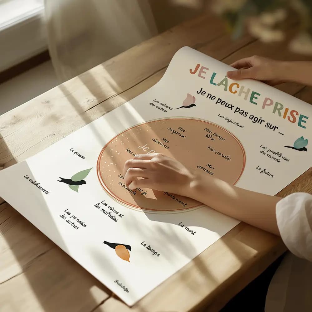 Dessin de textes au centre d'un cercle coloré entouré d'autres textes et de dessin de quatre oiseaux