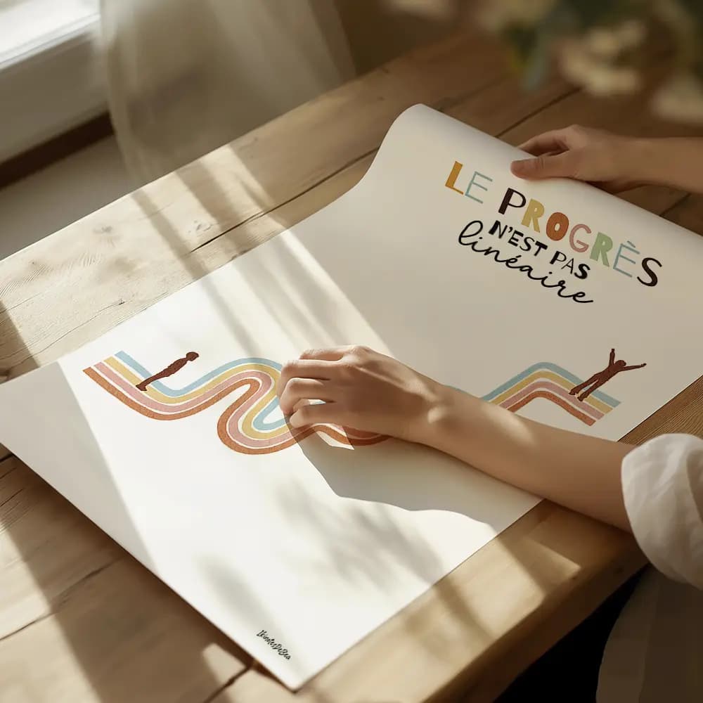 Dessin d'une courbe non linéaire représentant le progrès avec deux silhouettes d'enfants, une en bas et l'autre en haut