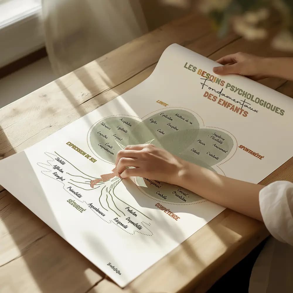 Dessin d'un arbre dont le tronc est entouré par une silhouette de fille l'arbre et remplis de textes de besoins d'enfants
