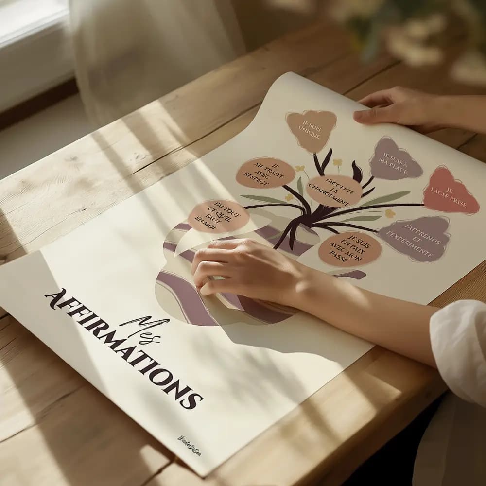 Dessin d'un vase en forme de cruche provençale contenant un bouquet de fleurs dont chaque fleurs est une bulle contenant une affirmation positive