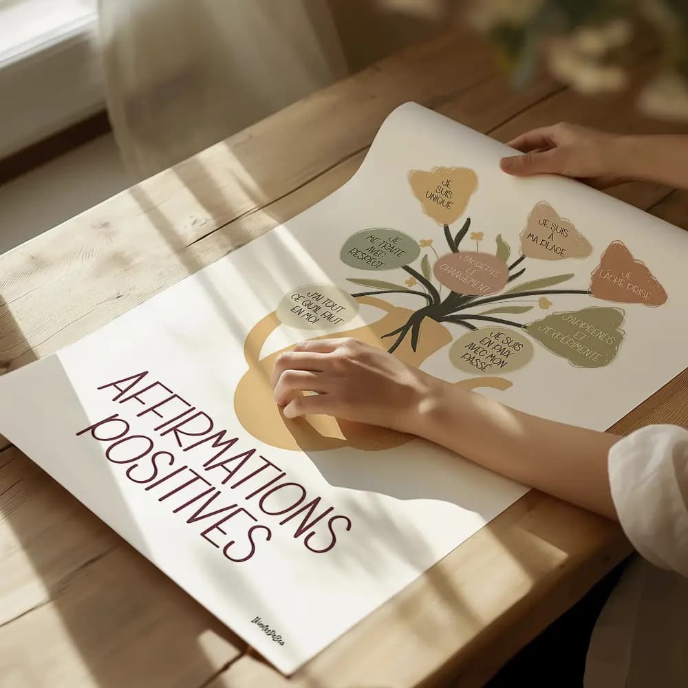 Dessin d'un ressemblant à une théière remplis de fleurs comportant chacune une affirmation positive 