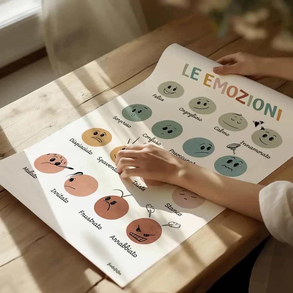Dessin de 16 visages smileys représentant chacun une émotion différente les couleurs sont en dégradé en italien