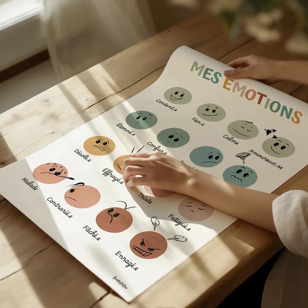 Dessin de 16 visages smileys représentant chacun une émotion différente les couleurs sont en dégradé partant du vert jusqu'au rouge