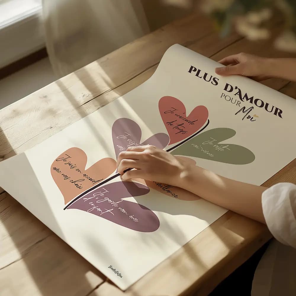 Dessin abstrait d'une plante dont les feuilles, en forme de coeurs colorées, sont des affirmations positives.