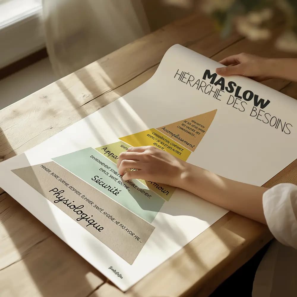 Hiérarchie des besoins de Maslow en français, décor bureau thérapie français, outils thérapie, bureau conseil, TCC, santé mentale, numérique