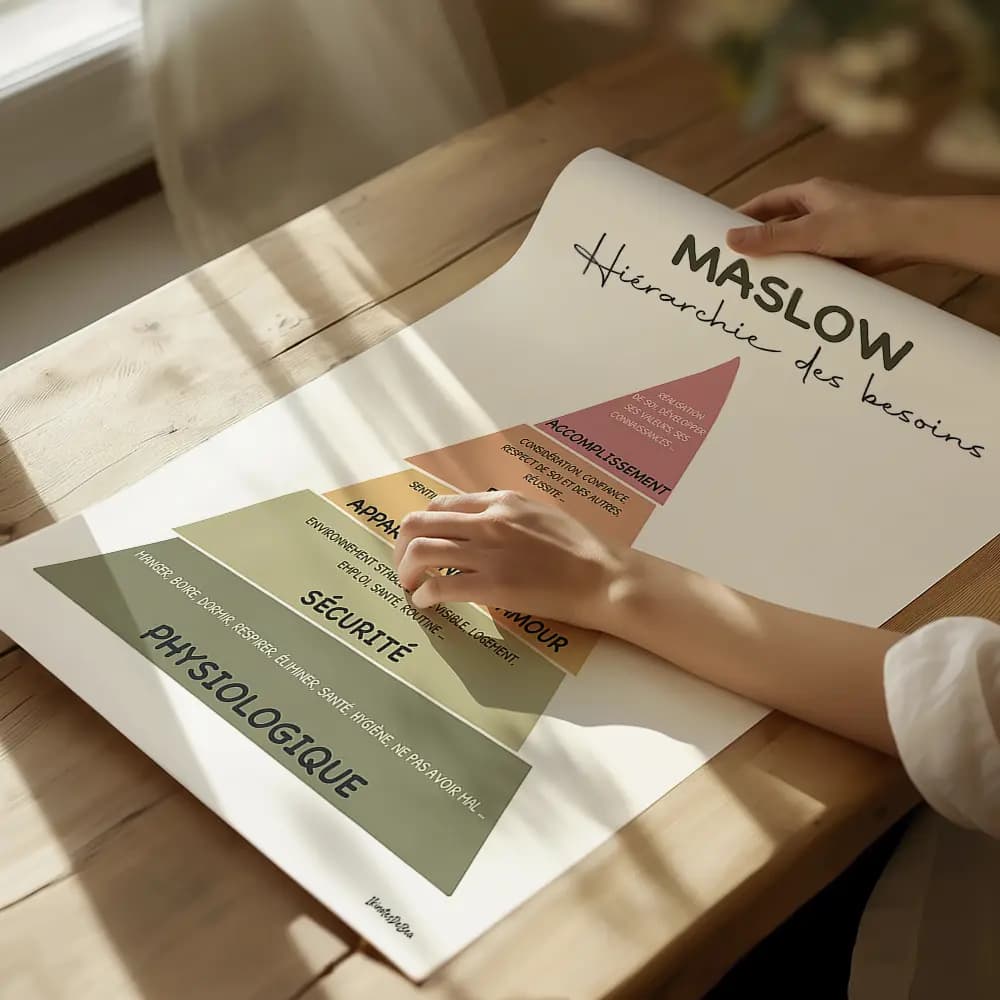 Dessin d'un triangle représentant la pyramide de Maslow dont chaque étage est de couleur différent et semble avoir été coupé en tranches