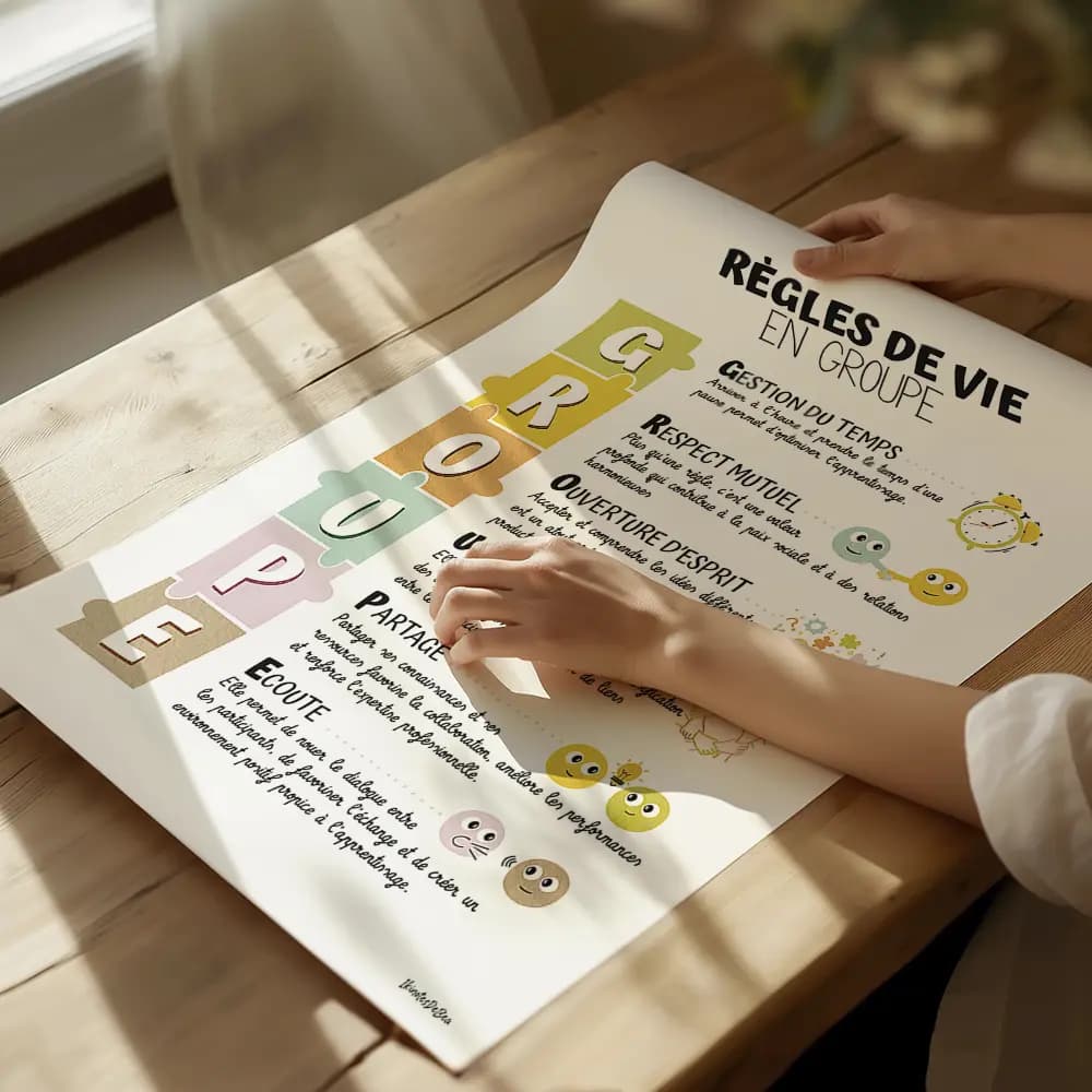 Infographie dont les lettres principales du mot "GROUPE" sont dessinées dans des pièces de puzzle et accompagnées d'un petit dessin ludique