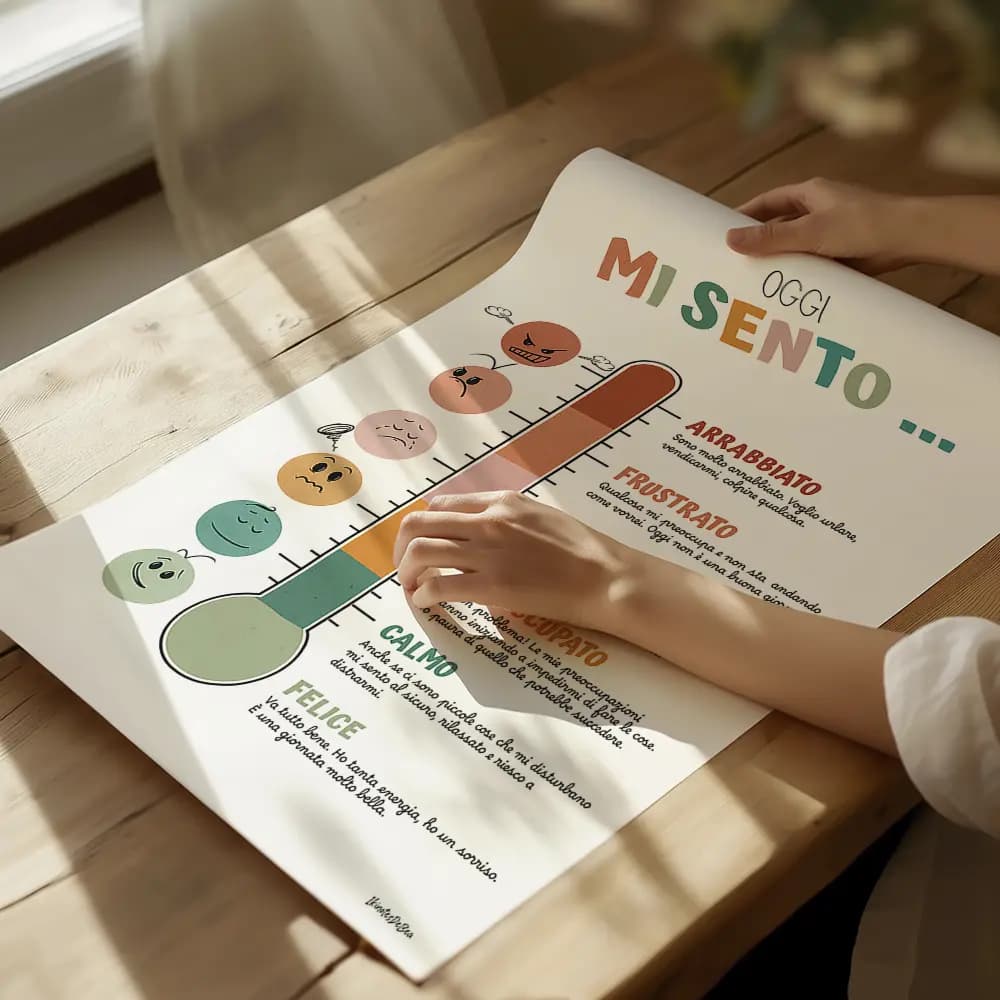 Dessin d'un thermomètre dont chaque graduation est accompagnée d'un smiley correspondant représente un degré d'émotion