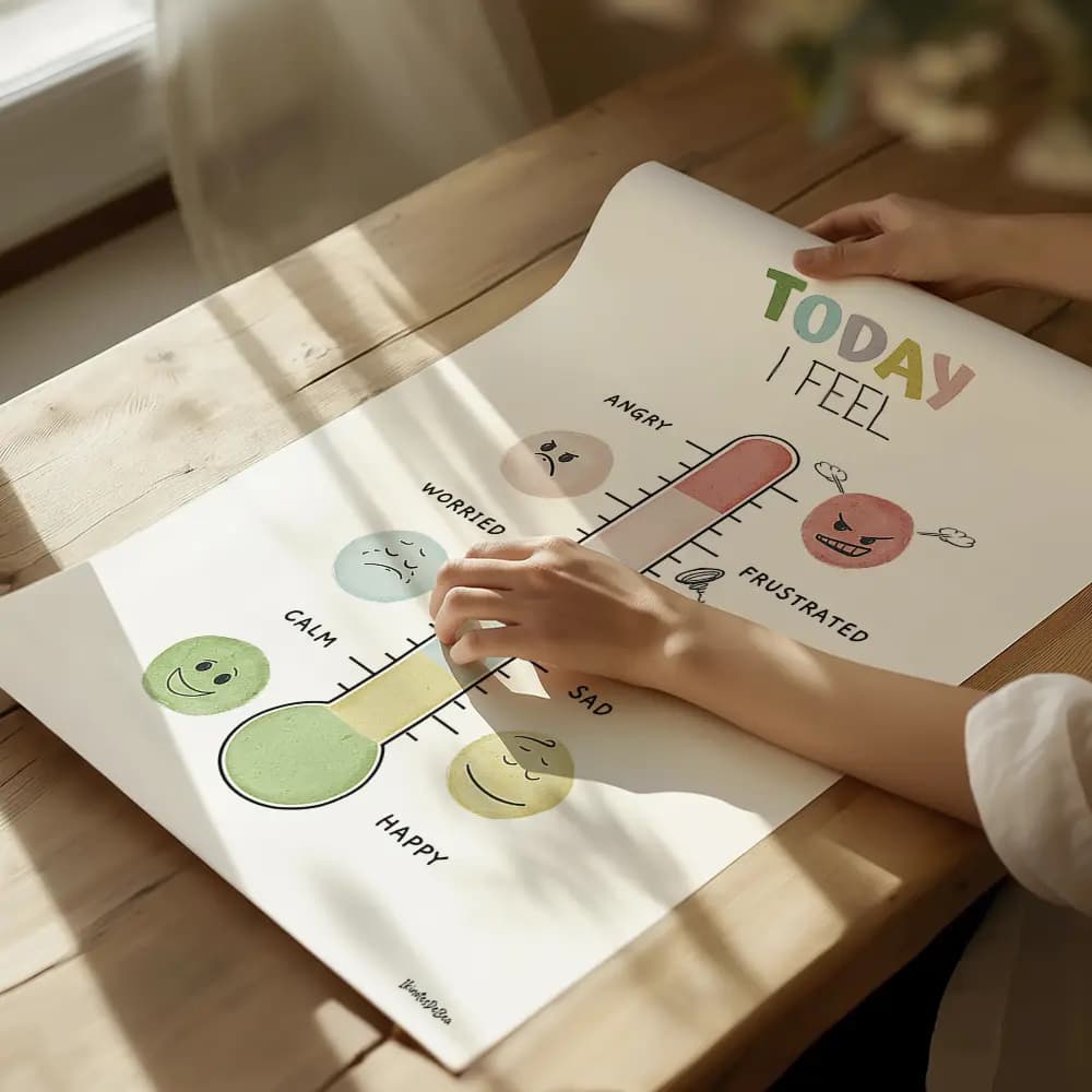 Dessin d'un thermomètre dont chaque graduation est accompagnée d'un smiley correspondant représente un degré d'émotion