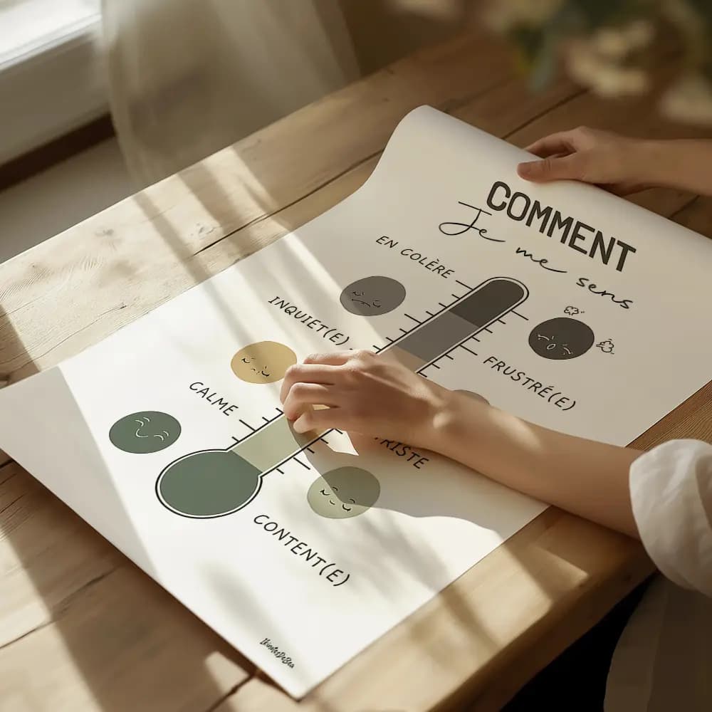 Dessin d'un thermomètre dont chaque graduation est accompagnée d'un smiley correspondant représente un degré d'émotion