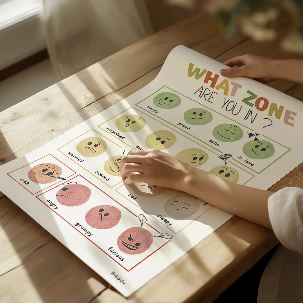 Dessin de 16 smileys colorés exprimant différentes émotions