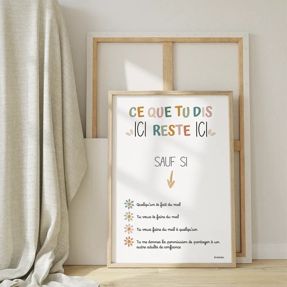 Affiche composée de texte coloré dont chaque point est listé par une petite fleur