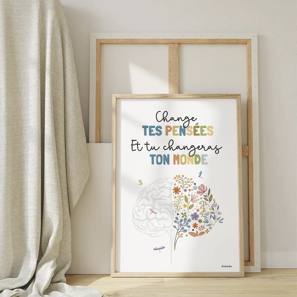 Illustration d'un cerveau floral, ornée de fleurs et de libellules