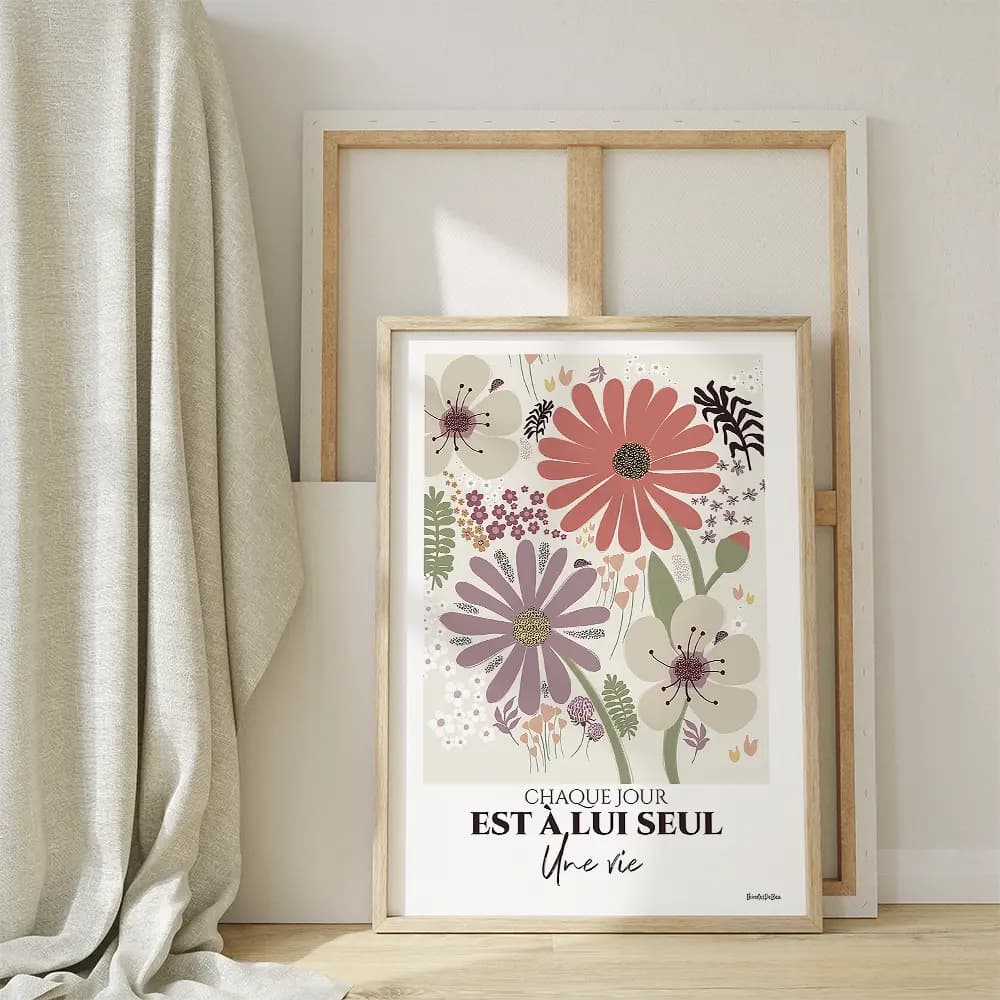 Illustration dessinée à la main en couleurs pastel d'une multitude de fleurs et plantes de différentes taille et forme