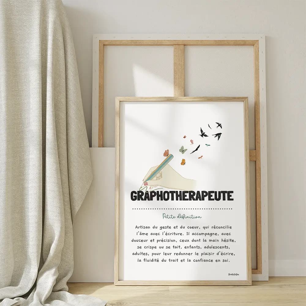 Dessin d'une main en couleur qui tient un stylo qui se termine en envolée d'oiseau pour définir le métier de graphothérapeute