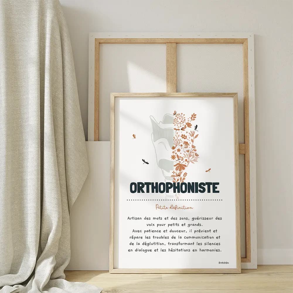 Dessin d'un larynx dont la moitié droite est composée de fleurs avec la définition de l'orthophoniste.