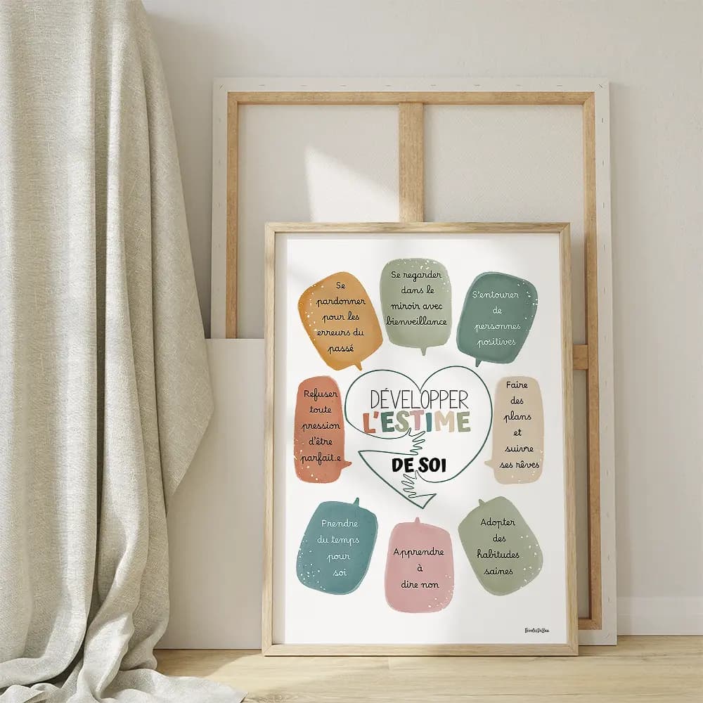 Dessin d'un coeur au trait noirs qui semble se serrer dans ses bras sur lequel il est écrit développer l'estime de soi entouré de bulles de messages