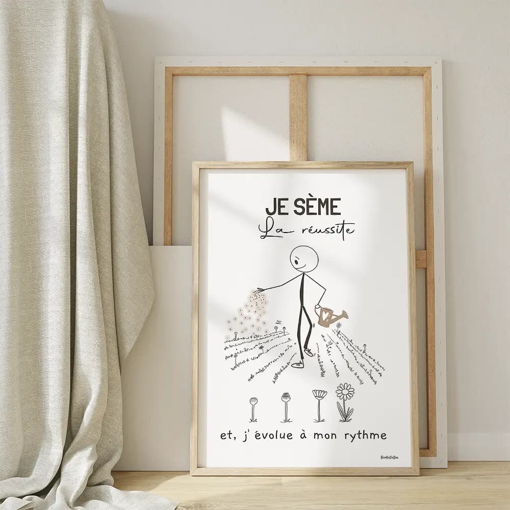 Dessin au trait d'un bonhomme bâton avec un arrosoir dans sa main gauche et qui sème des graines de fleurs dans un champs de l'autre main