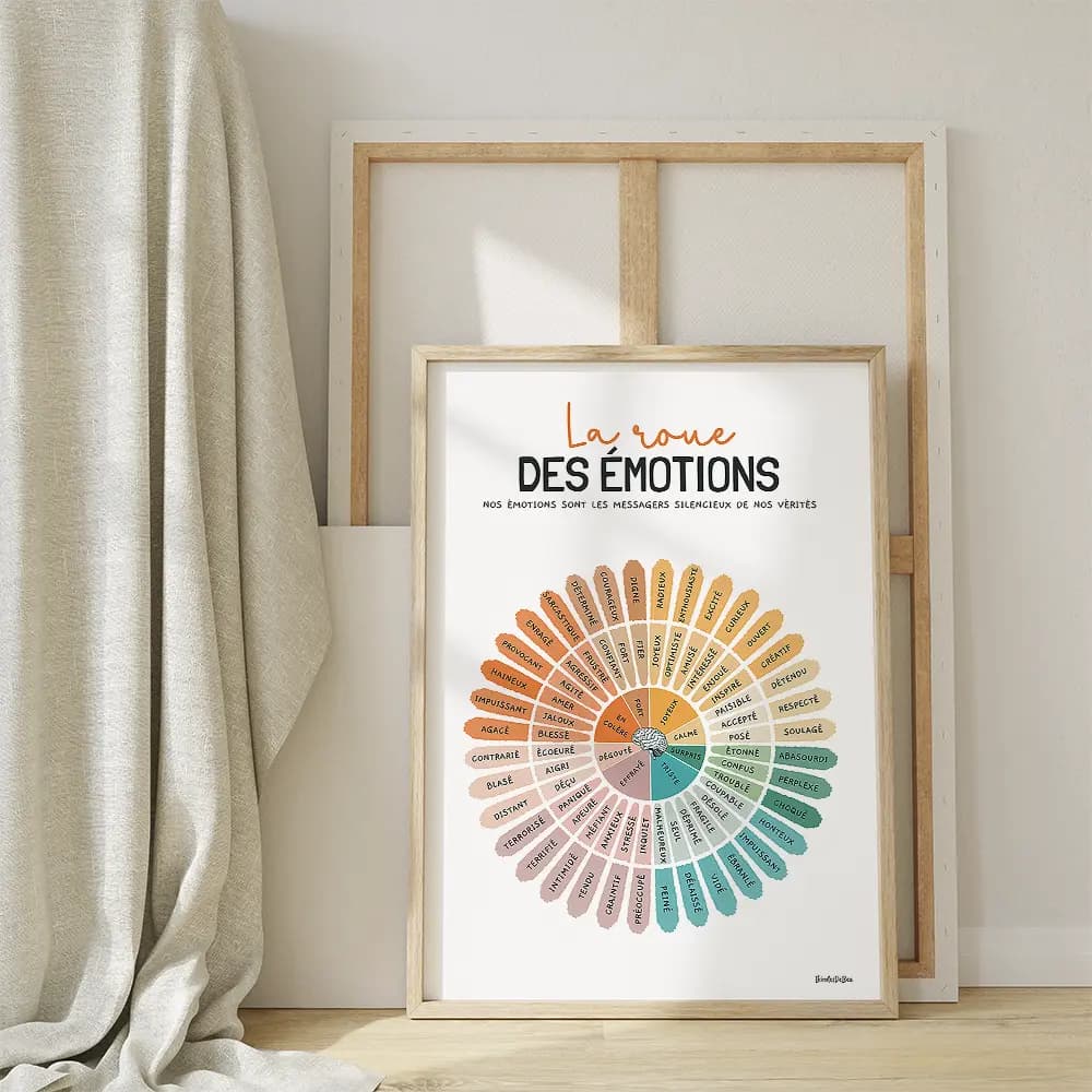 Roue des émotions en dégradé de couleurs avec des sentiments allant de la colère et peur à la joie, calme et surprise.