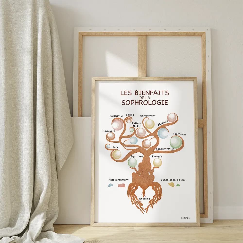 Arbre de vie représenté par une silhouette de femme reliée à la terre par des racines et dont les feuilles sont des bulles colorées