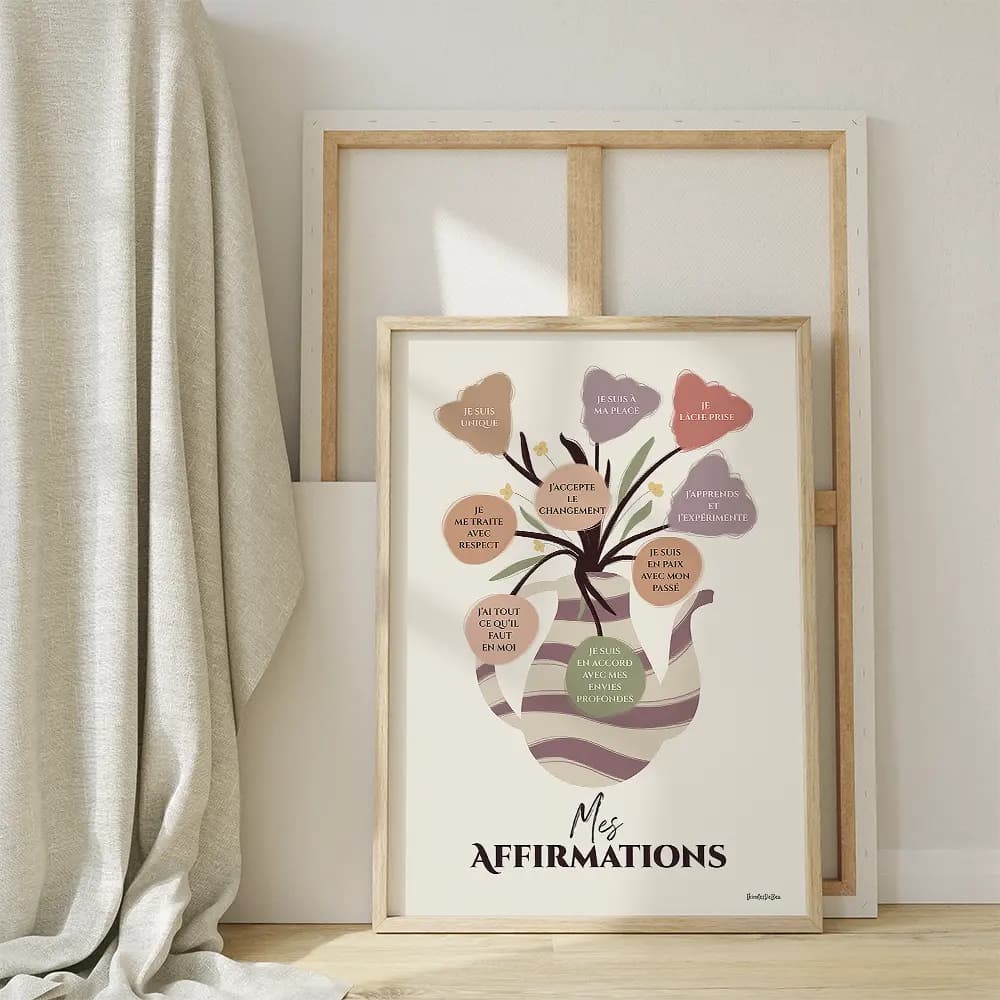 Dessin d'un vase en forme de cruche provençale contenant un bouquet de fleurs dont chaque fleurs est une bulle contenant une affirmation positive