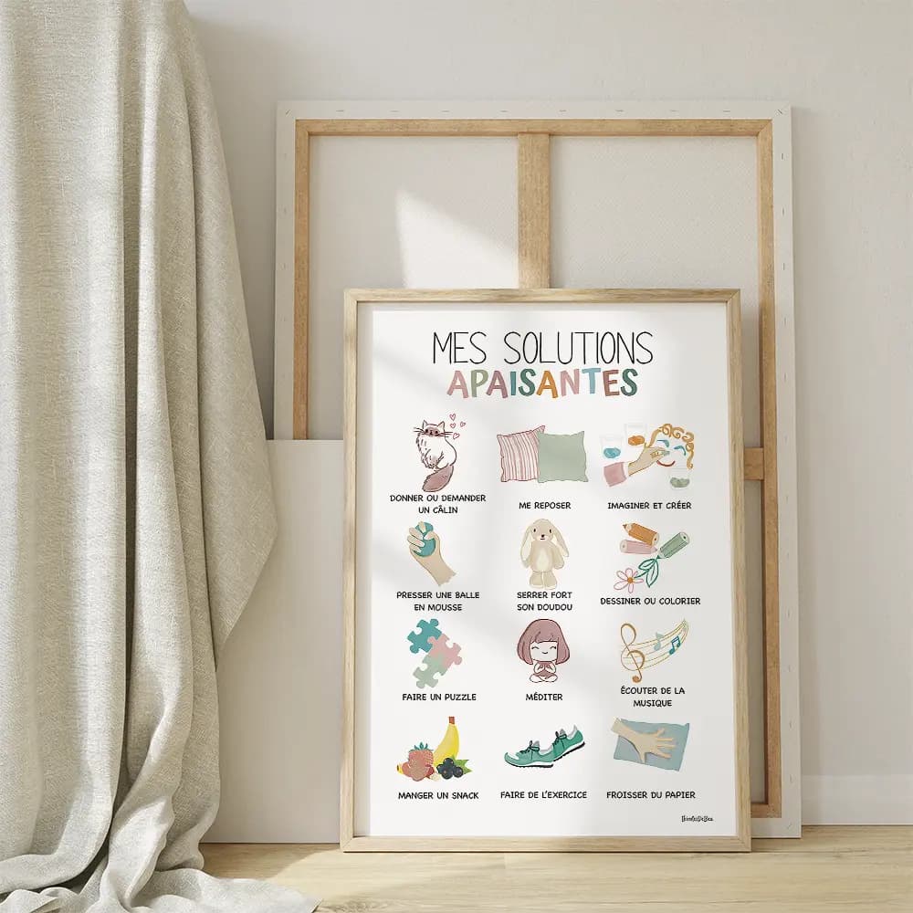 Douze dessins mignons, à la craie grasse, de solutions apaisantes pour enfant