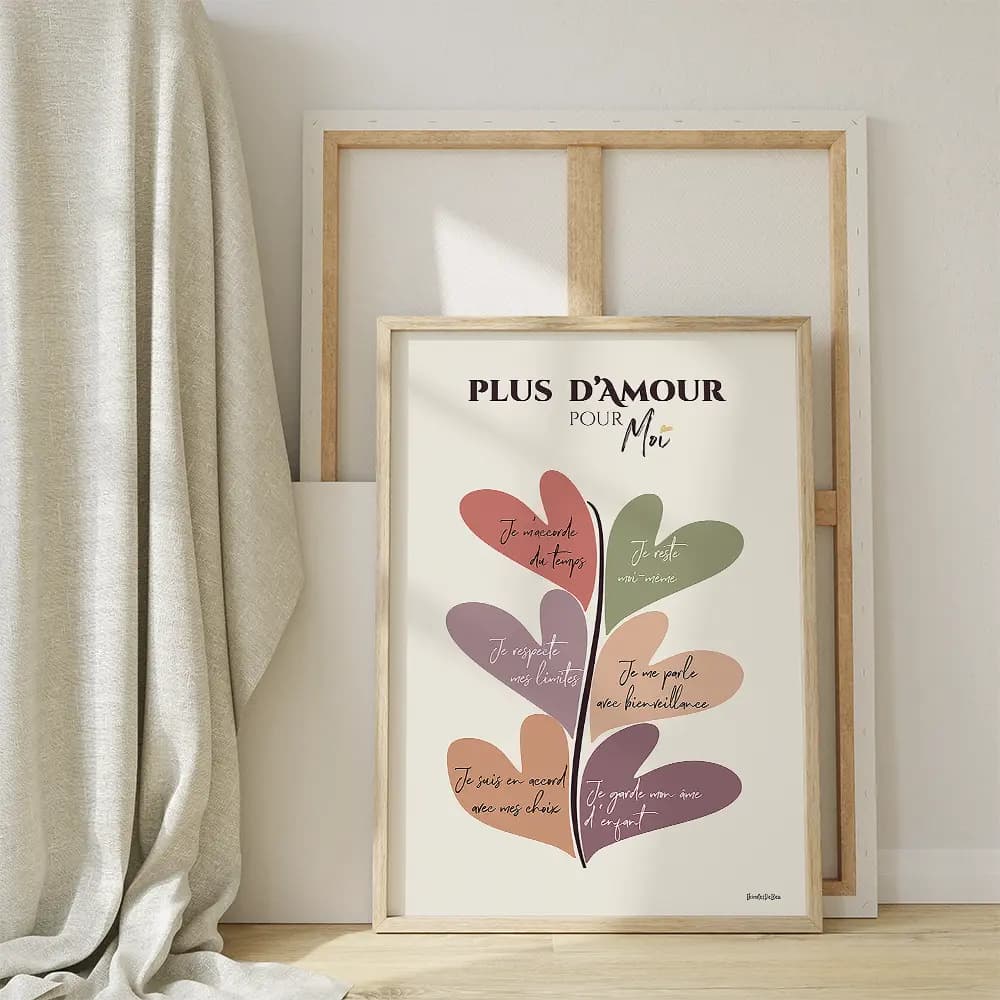 Dessin abstrait d'une plante dont les feuilles, en forme de coeurs colorées, sont des affirmations positives.