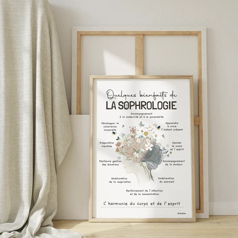 Dessin d'un visage surmonté d'un cerveau fleuri listant les bienfait de la sophrologie