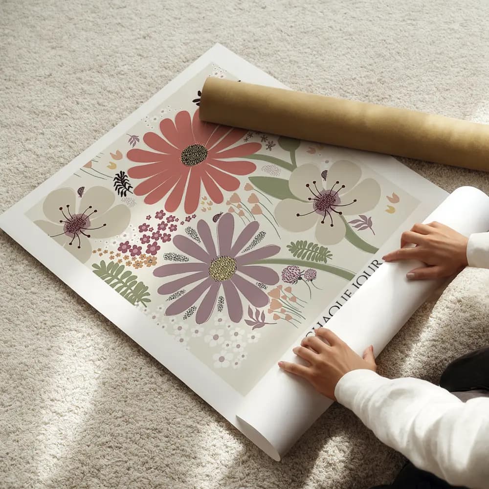 Illustration dessinée à la main en couleurs pastel d'une multitude de fleurs et plantes de différentes taille et forme