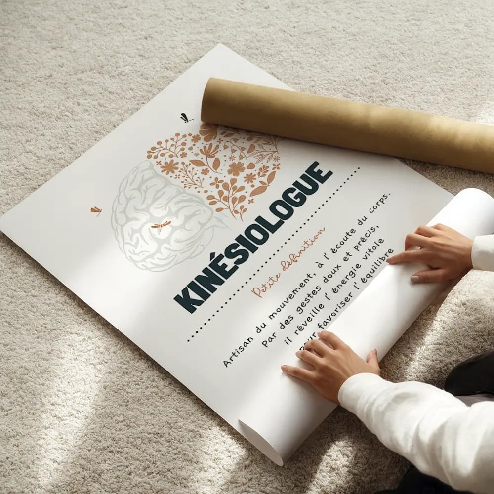 Dessin d’un cerveau à moitié fleuri accompagné d’une définition poétique du métier de kinésiologue