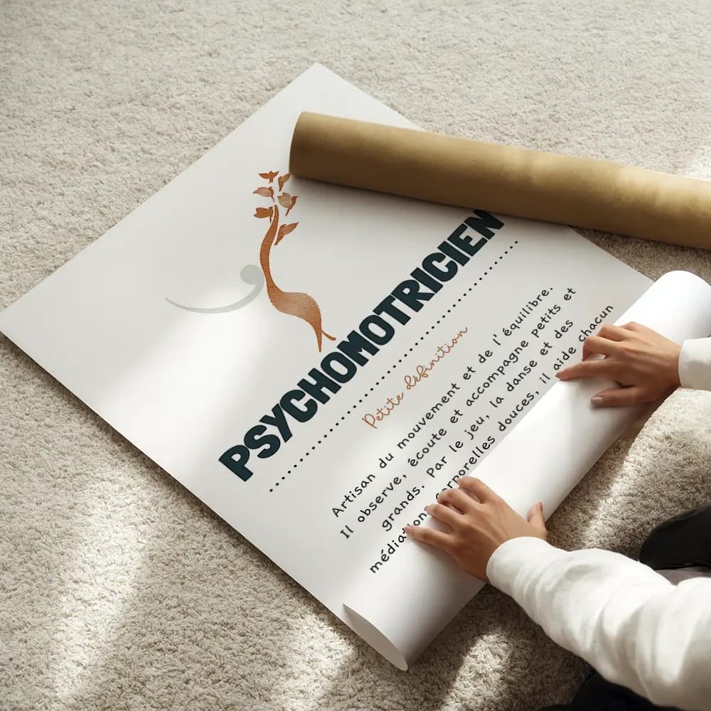 Dessin du symbole de psychomotricien à moitié fleuri accompagné d’une définition poétique du métier de psychomotricien