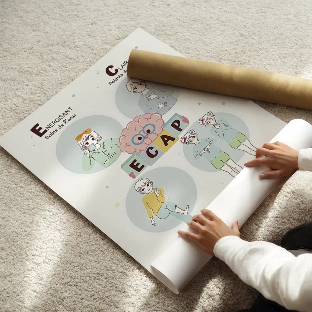 Dessin d'un cerveau rose à lunette au centre qui présente l'ECAP et dans les quatre coins un adolescent qui fait un exercice différent