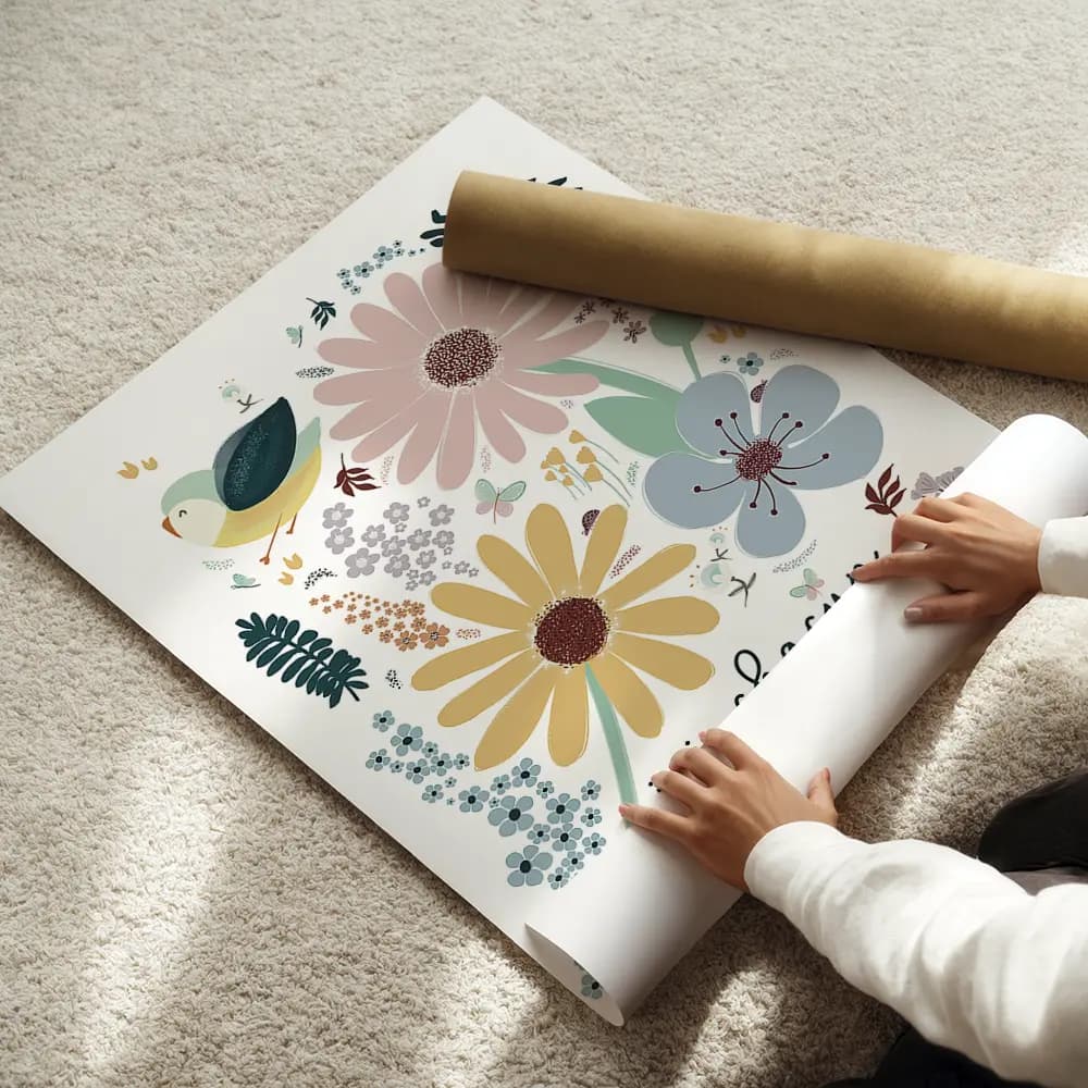 Dessin d'une composition florale autour du message « Ici, chacun est le bienvenu » 