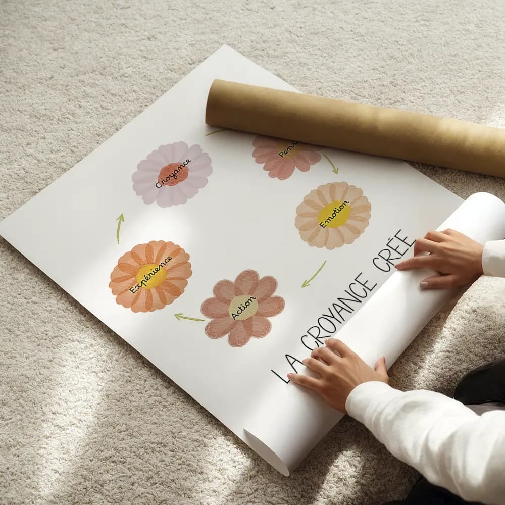 Illustration d'un cercle de cinq fleurs dans les tons aqua spring qui donne l'impression de se tenir par la main et de danser en rond