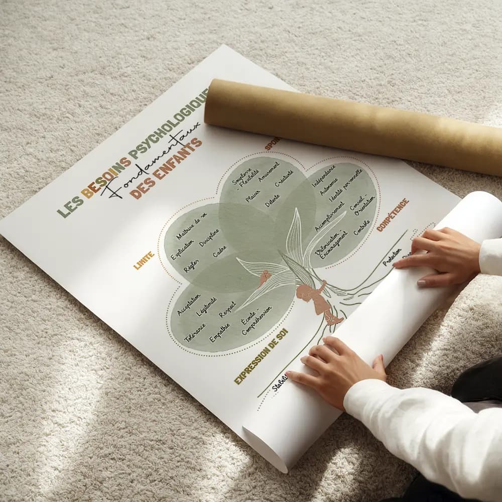 Dessin d'un arbre dont le tronc est entouré par une silhouette de fille l'arbre et remplis de textes de besoins d'enfants