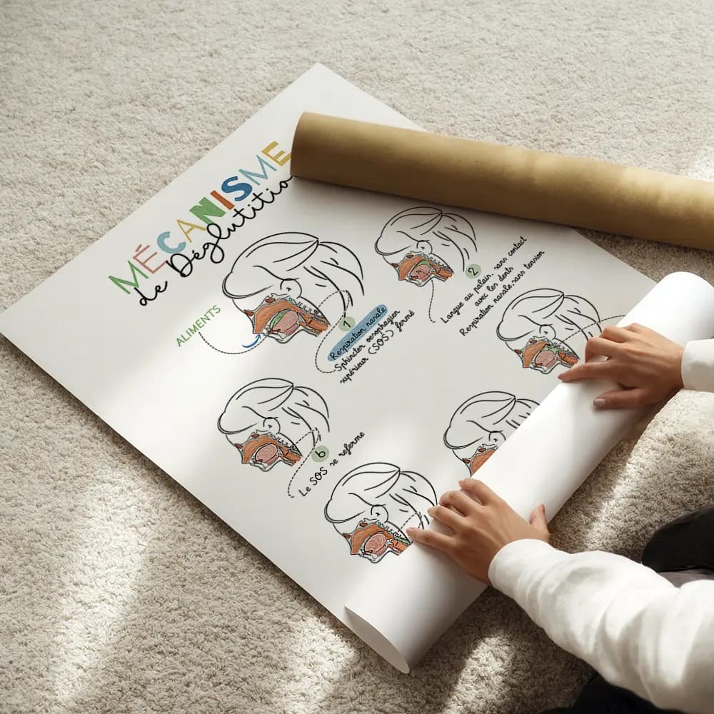 Six dessins vus en coupe avec légendes des différentes étapes de la déglutition.