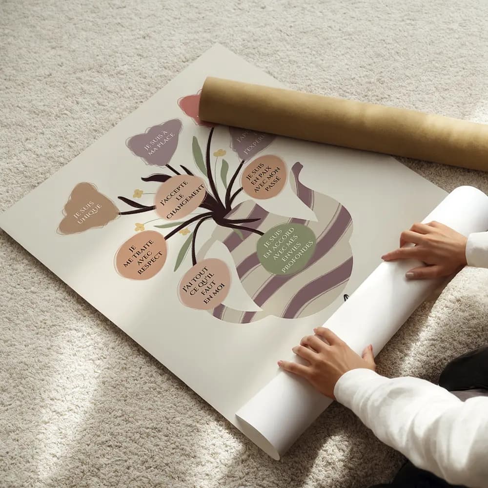 Dessin d'un vase en forme de cruche provençale contenant un bouquet de fleurs dont chaque fleurs est une bulle contenant une affirmation positive