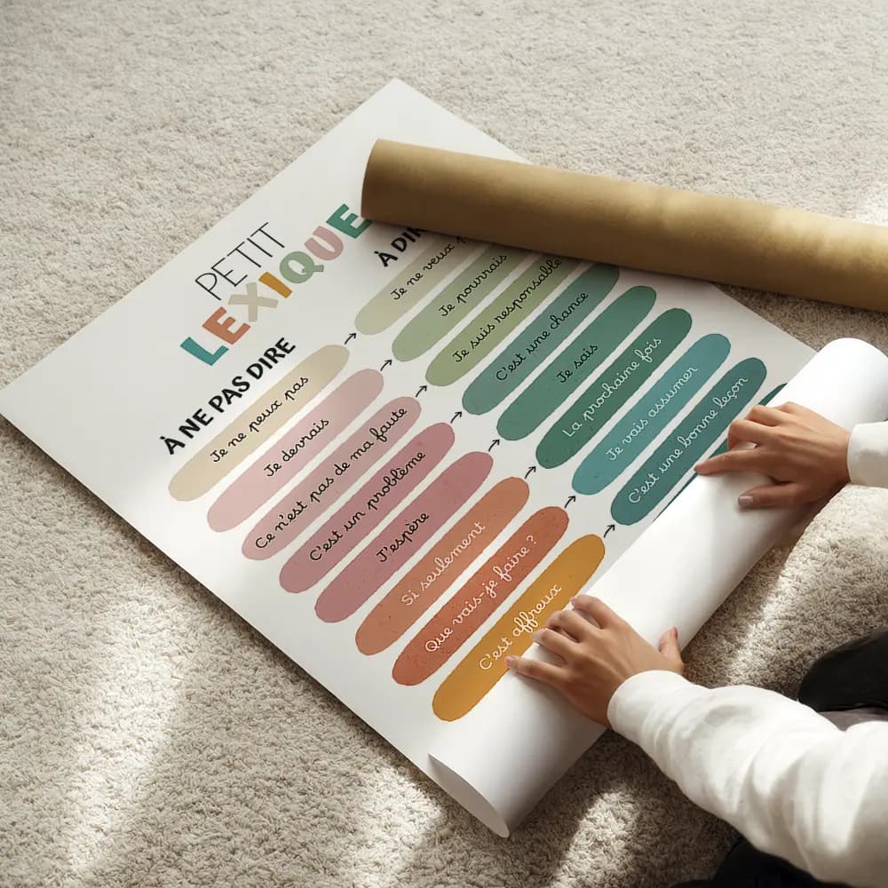 Dessin d'un tableau de deux colonnes aux couleurs Aquarelle, à gauche les phrases à ne pas dire, à droite les phrases à dire à la place