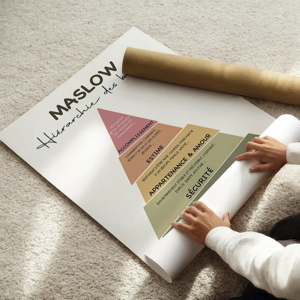 Dessin d'un triangle représentant la pyramide de Maslow dont chaque étage est de couleur différent et semble avoir été coupé en tranches
